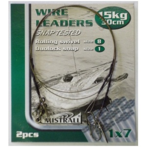 Tross Mistrall Wire Leaders 1×7 15kg 30cm Swiwel #8, Snap #1 2tk